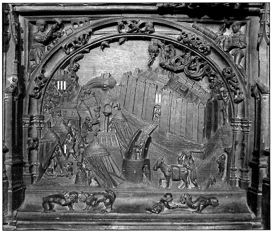 Figura 1. Tablero de la sillería del coro bajo de la Catedral de Toledo donde se representa el Real de la Vega (I), el Real de Santa Fe (II) y la ciudad de Granada (III). García Pulido y col. (2004)