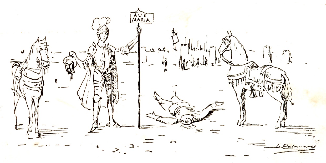 Figura 2. Viñetas del lance entre el Moro Tarfe y Garcilaso de la Vega. García Ortiz de Villajos (1929)